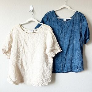 Chicos Womens Bundle Lot (2) Embroidered Linen Blouse Coastal Grandma Size 16/18